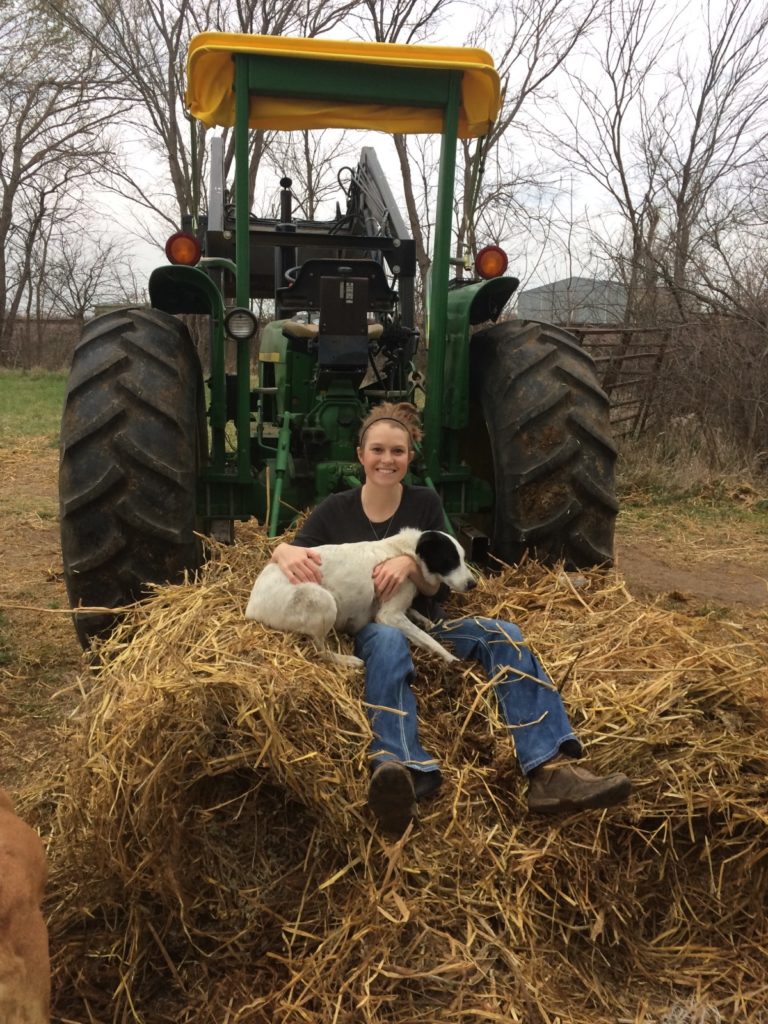 Rancher feeding hay with her dog